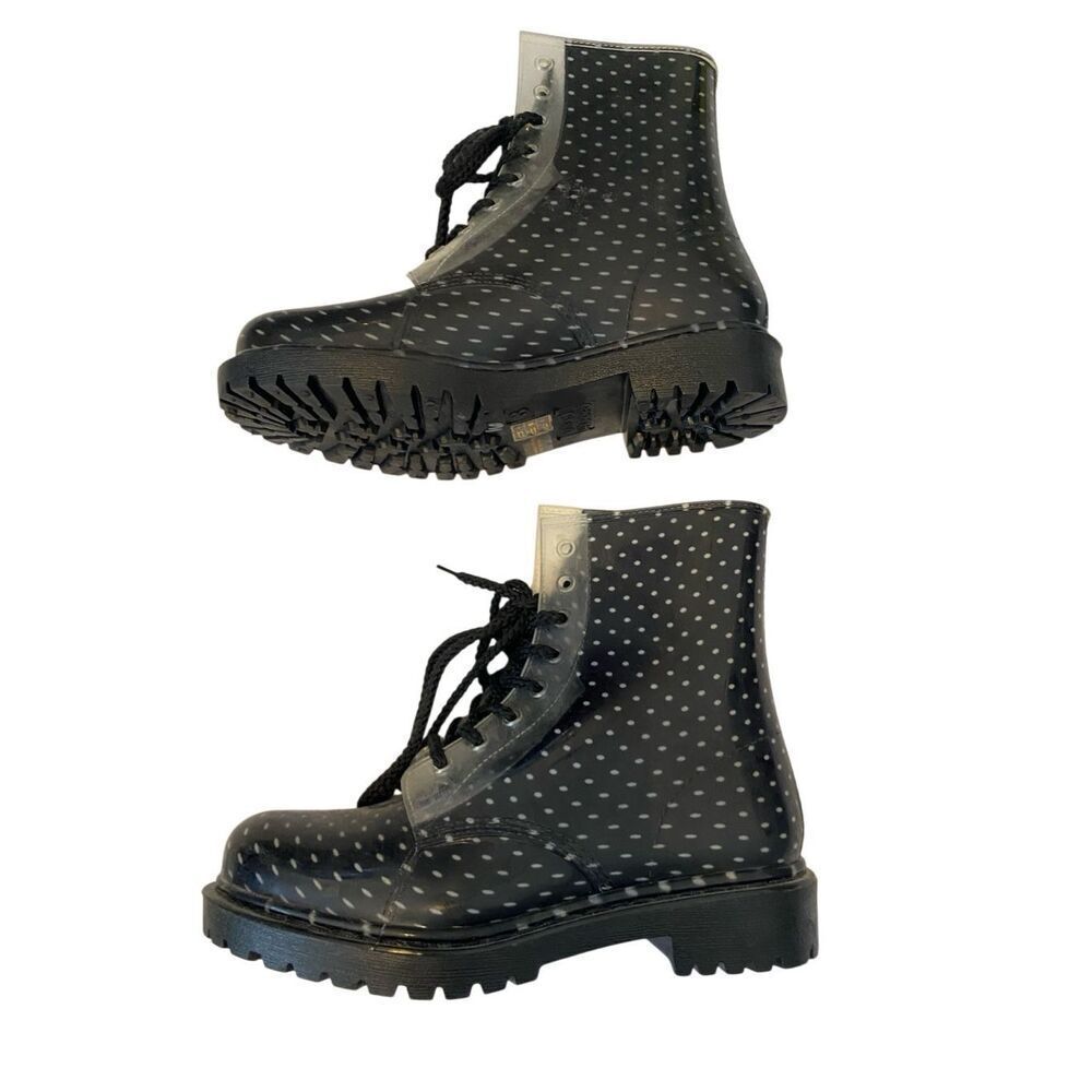 Dirty Laundry Black Polka Dot Lace Up Rain Boots Waterproof Combat Size 8 Goth